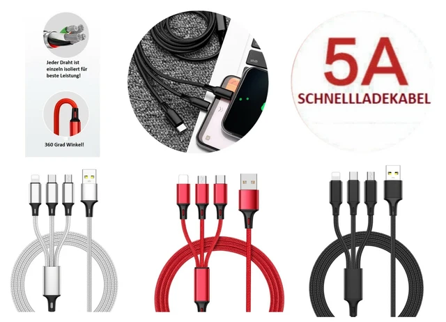 3 in 1 Schnell Ladekabel 5A Micro USB Typ C Universal für Samsung iPhone + VIDEO