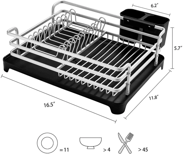Aluminum Dish Rack with Cutlery Holder Removable Drainer Tray, Silver