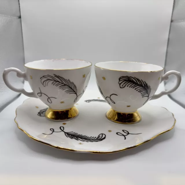 Tuscan Fine English Bone China 2 x Cups 1 Saucer Plate Feather Pattern