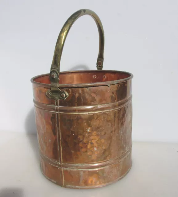 Vintage Copper Coal Bucket Bin Scuttle Planter Plant Old Hammered Brass Handle