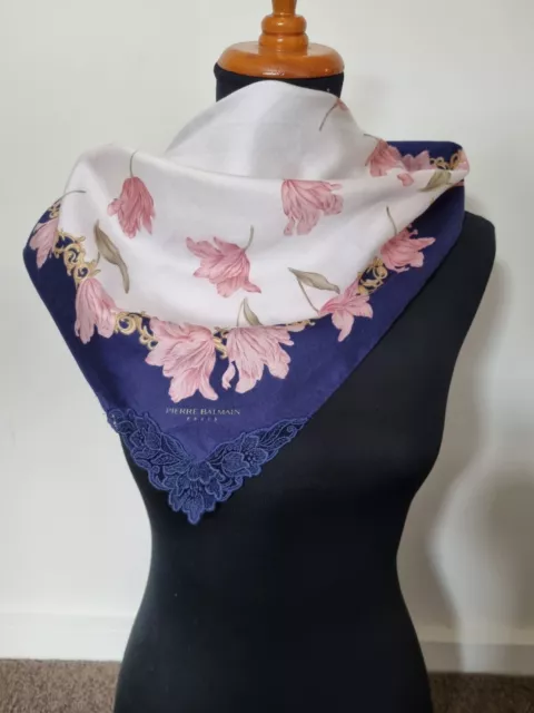 Vintage Pierre Balmain Paris 50cm Cotton Square Scarf Pink Navy Floral Lace