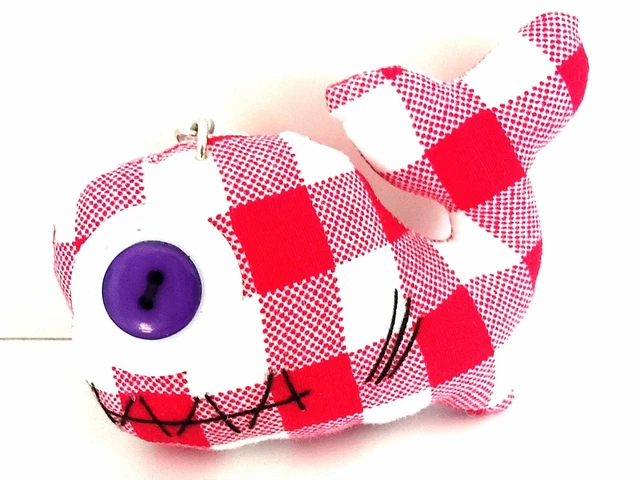 Red Gingham Young Whale Handmade Fabric Doll charm Key ring Chains 5 x 7 cm.