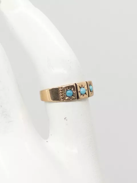 Antique Victorian 1880s 3 Natural Turquoise 5mm 14k Yellow Gold Band Ring 3