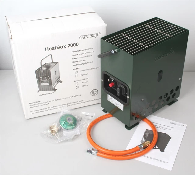 HeatBox 2000 Grün Campingheizung Gasheizung Heizung 2,2 kW Piezo SMS Zünds. S&R