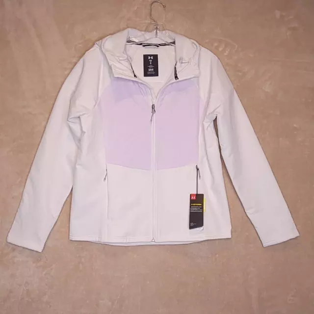 Under Armour Women ColdGear Track Jacket White Purple Stretch Fleece Lined M New