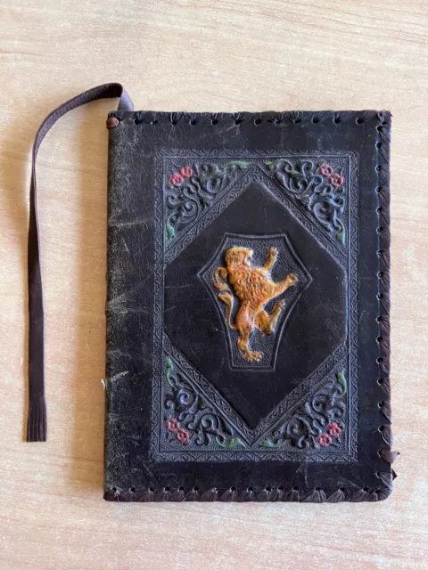 Antique Embossed Leather Book Cover Vintage Hand Tooled Lion Italy