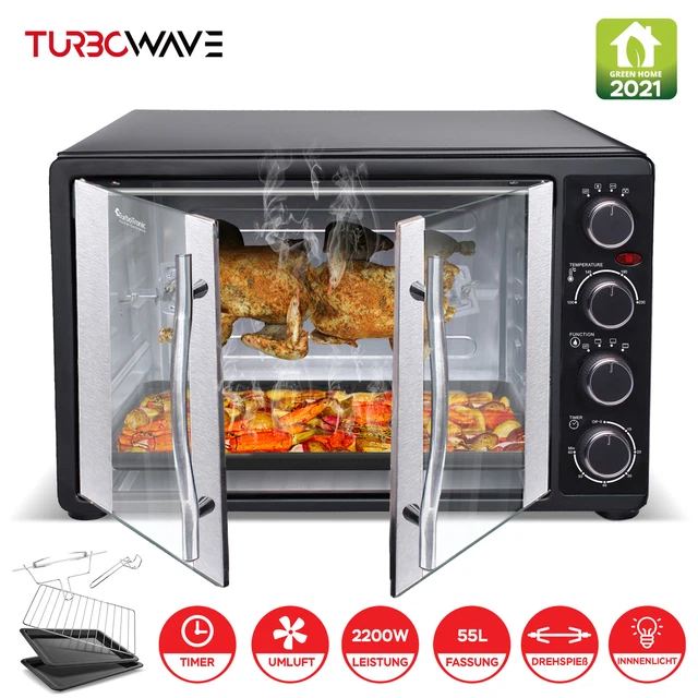 Minibackofen (55L) mit Umluft, 2200W, 2x Backblech, Drehspieß, Pizzaofen, Grill