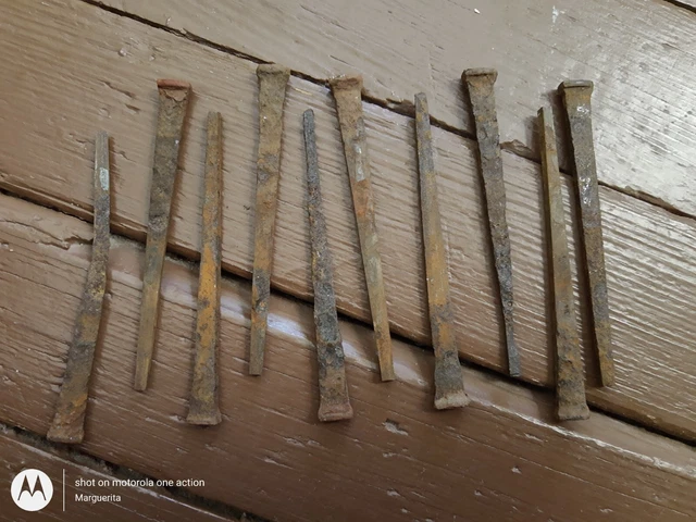 19th Century LOT of 10 ANTIQUE HAND WROUGHT square head 3.75" IRON NAILS 