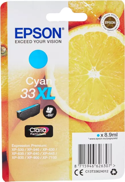 Epson 33XL cartouche d'encre Cyan authentique haute capacité C13T33624012 (TVA