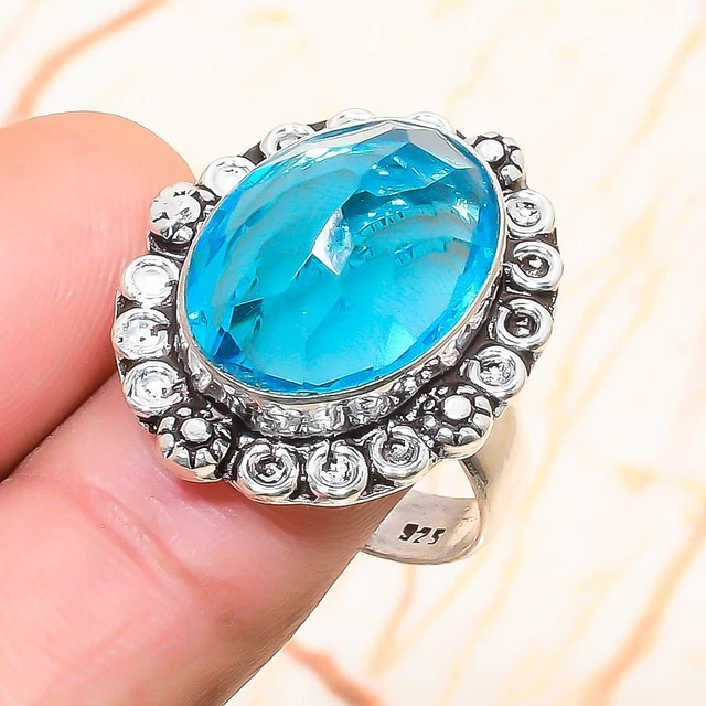Swiss Blue Topaz Gemstone Handmade Gift Jewelry Ring Size 7.5 L515