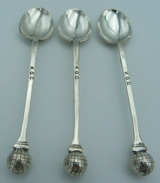 3 Silver Teaspoons Golf Ball - K Golf Club - Knutsworth Knebworth Kingsknowe '34