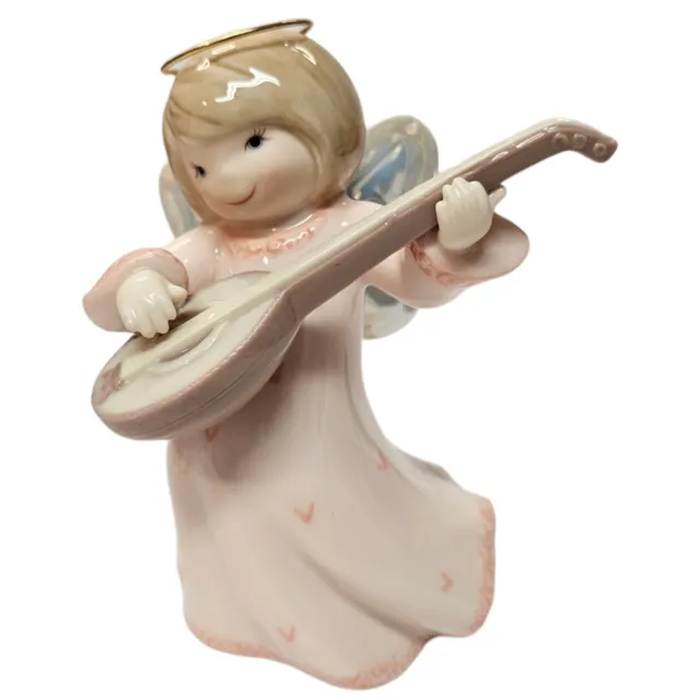 Vintage Girl Cherub Angel Figurine Playing Mandolin  Porcelain Iridescent Wings