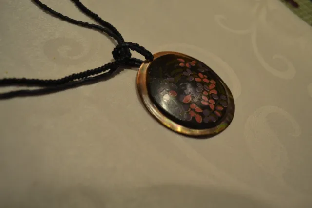 M&S Floral painted Pendant on beaded necklace - EC - Mothers Day