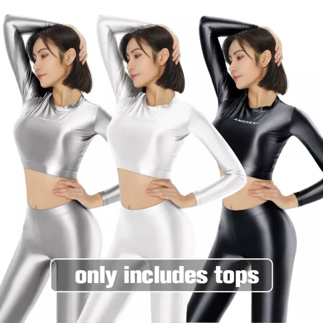AMORESY Women Oil Shiny Stretch Crop Top Glossy Long Sleeve Sports Gym T-shirt 3