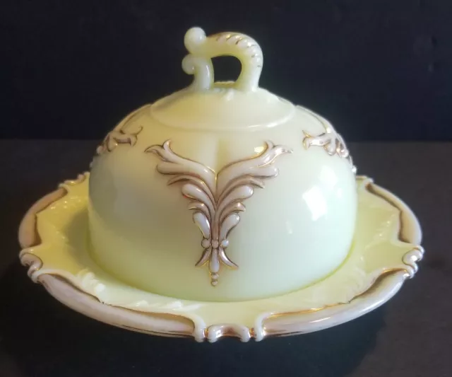 Heisey Winged Scroll Custard Uranium Glass Butter Dish EAPG Gold Trim