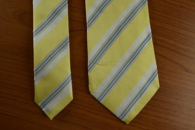 Cravate Hugo Boss Neuve En Soie 100% - Rayures Jaune Et Bleu, Fabrication Italie - Longueur Classique
