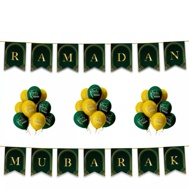 Ramadan Mubarak 20pc Decoration Set - Balloons Bunting Banner Green & Gold MM23