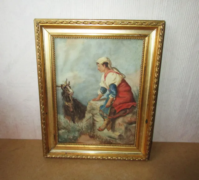Superbe ancien tableau signé aquarelle XIXe Bergère italienne chèvre Latium Rome