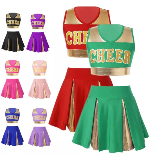 Kids Girls Cheerleading Dance Uniform Sleeveless Crop Top with Mini Skirt Outfit