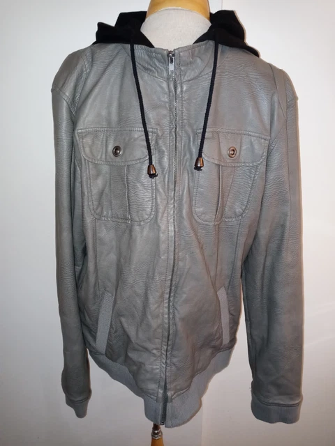 Mens Large CHOR TAN FAUX LEATHER GRAY/BLACK HOODIE ZIP UP JACKET SIZE L