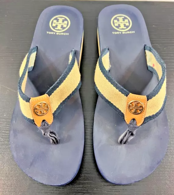 Tory Burch Navy Tan Wedge Flip Flop Sandals SZ 9