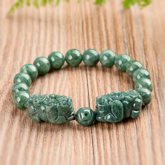 Natural Grade A Jade Jadeite Women Green Double Coin Pixiu 10mm Beaded Bracelet
