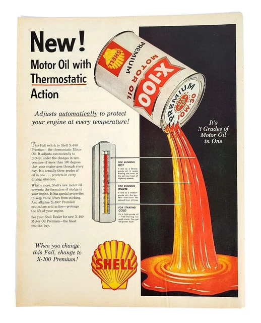 1957 Shell Motor Oil Print Ad Premium X-100 With Thermostatic Action