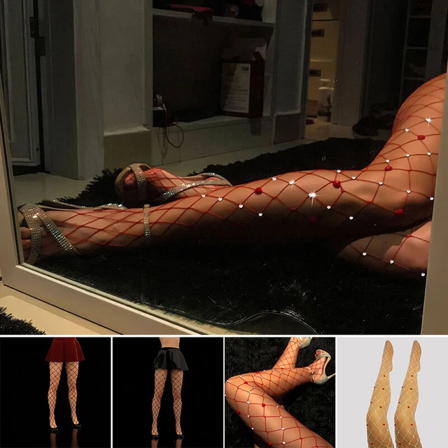 Diamante Embellished Rhinestone Crystal Glitter Medium Diamond Fishnet Tights~
