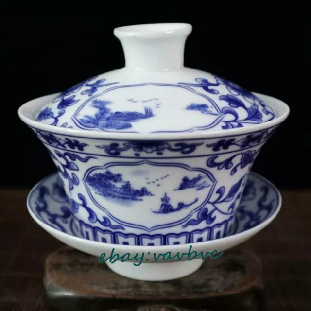 Old Chinese Blue and white porcelain Hand Painted landscape cover bowl teapot Qi