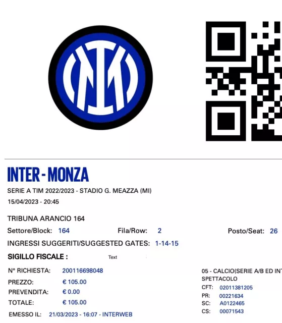 Inter Monza - 2 biglietti stadio San Siro - Aprile 15 - Tribuna arancio 164 2