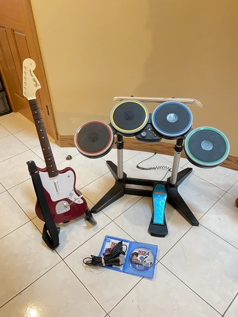PS4/PS5 Rock Band 4 Band Kit Bundle w/ Jaguar Guitar Drums Game Mic - Rare Red!