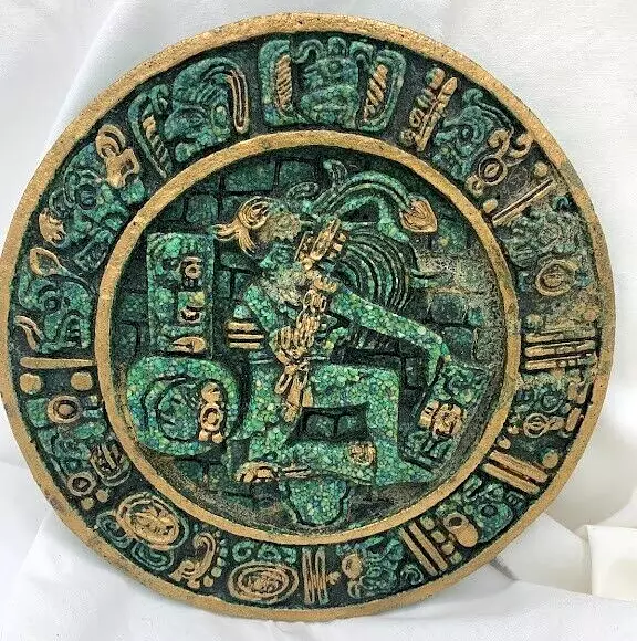 Artesanias Prehispanicas-Mexico Dish 7.50" Maya Rituals Round Green  Gold