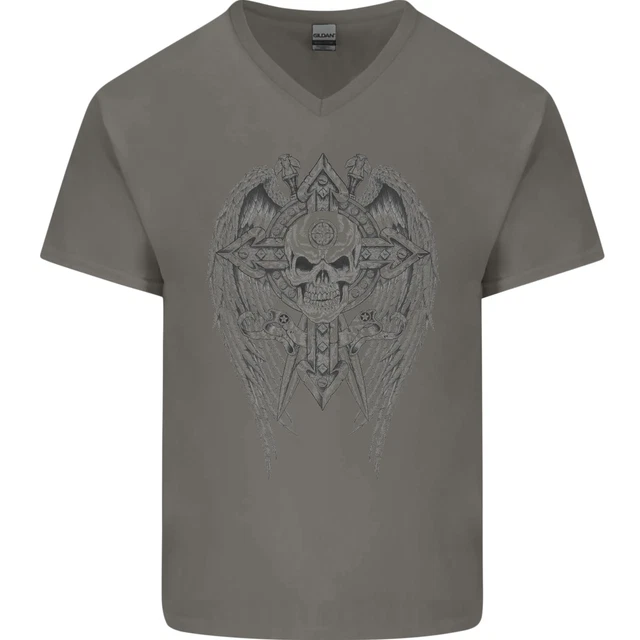 Teschio Ali Viking Gotico Palestra Motociclista Uomo Scollo A V Cotone T-Shirt