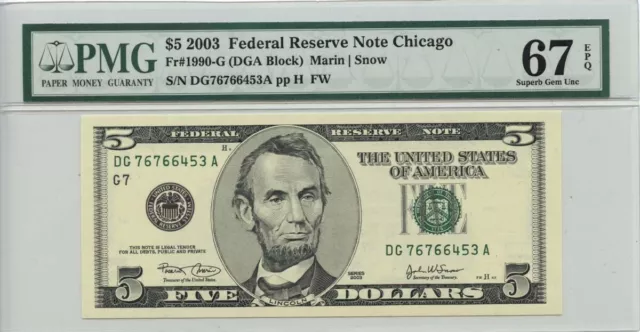 2003 $5 Federal Reserve Note Chicago Fr# 1990-G PMG Superb Gem67 EPQ