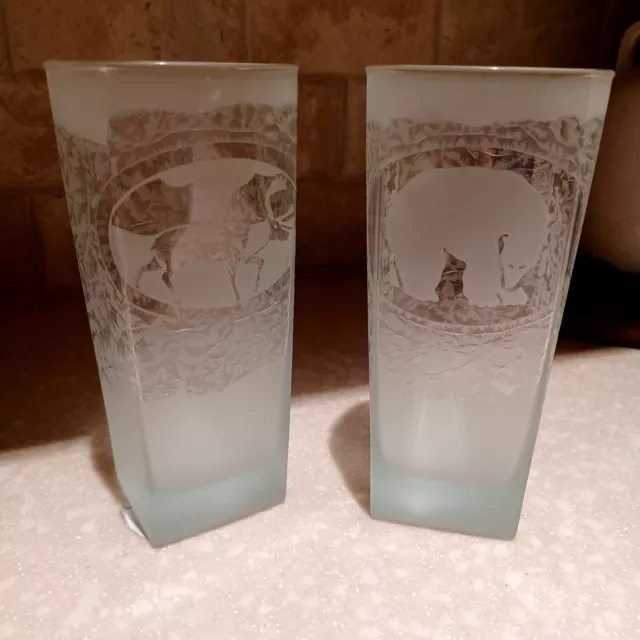 2 Square Bottom Etched Ice Arctic Animal Heavy Frosted Drinking Glasses Tumblers