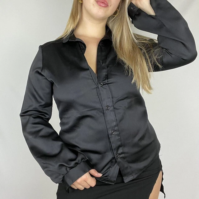 Vintage black satin look long sleeve shirt size 12