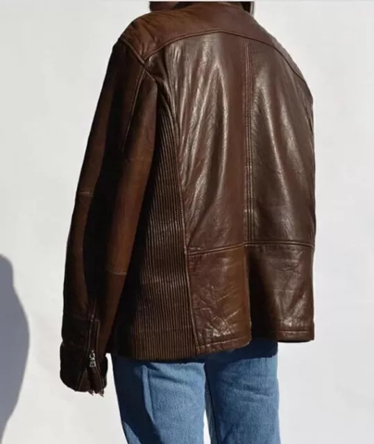 WOMEN OVERSIZE 90'S Motorcycle Vintage Style Brown Bomber Biker Leather ...