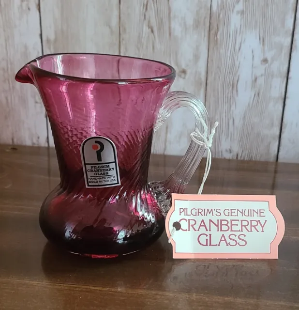 Vintage Pilgrim Swirl Glass Cranberry Hand Blown Small Pitcher Vase w/Tags.