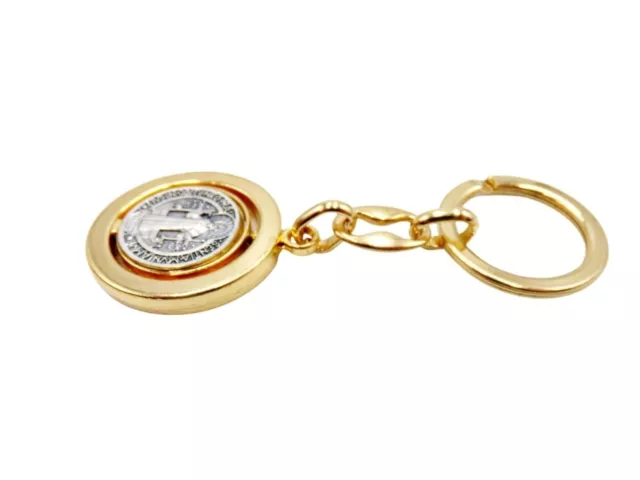 Two Toned Detailed St Saint Benedict Rotating Medal Keychain 2.75 Inch