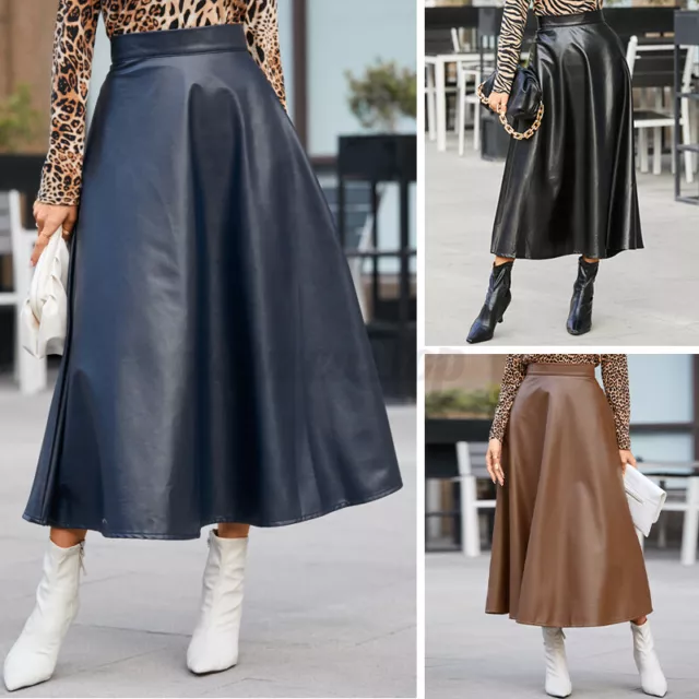 UK Womens Faux Leather Skirt A-Line Oversize Dress Gypsy Long Party Evening 8-26