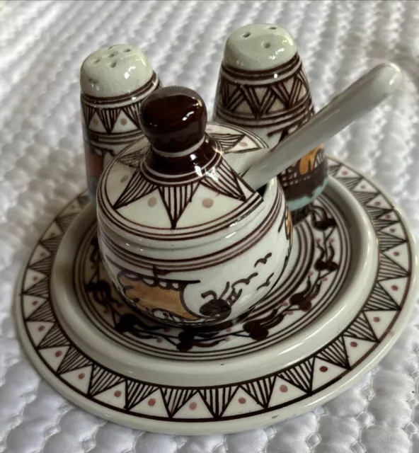Vintage Hand Painted Salt And Pepper Shakers With Jar and Plate Made In Greece.