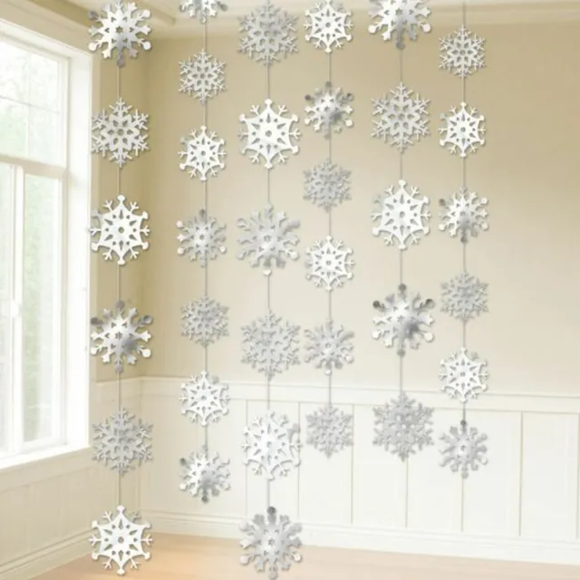 Copo de Nieve Cuerda Decorativa 2.1m Plata Blanco Hielo Colgante Elegante