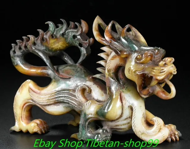 6.8" Old Chinese Hetian Jade Carving Fengshui Dragon Loong Beast Statue