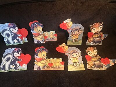 Lot of 8 VTG 1950s VALENTINE Cards 3D Standup Pull-out Pop Up Kitty Cat Duck Owl