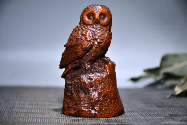 Japanese old boxwood handcarve Owl statue Netsuke 106278