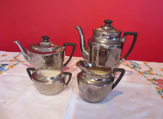 Lovely Crown Devon Silver Lustre Small Teapot ,Milk & Water Jug,Sugar Bowl,For 1