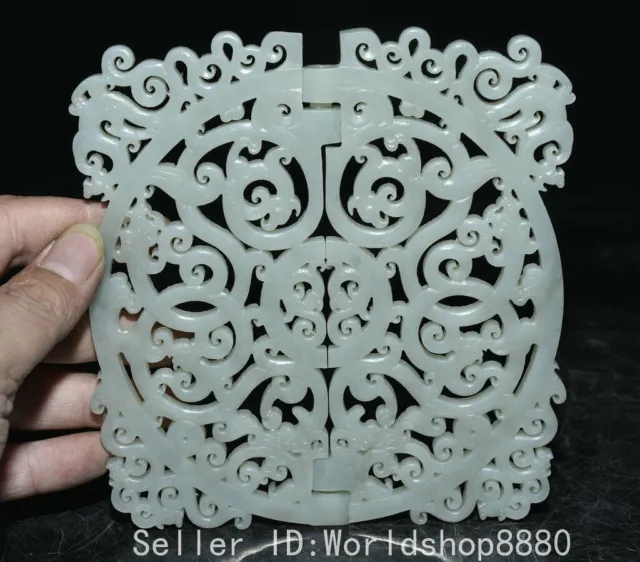 6.4" ancient Chinese hetian white jade carving Dragon beast fold Yu Bi pendant
