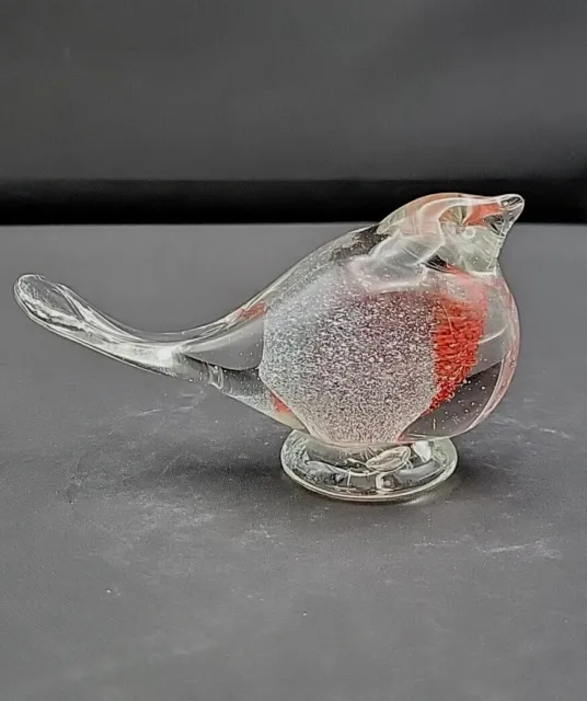 Art Glass Bird Sparrow Figurine Paperweight Red Chest Silver Speckled Signed