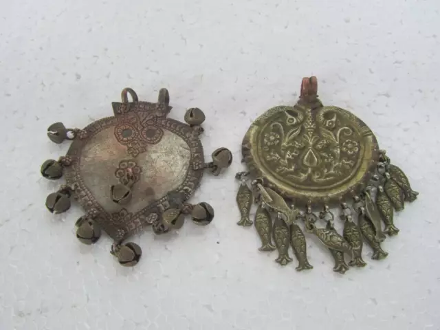 2 Pc Old Brass Handcrafted Embossed/Engraved Unique Tribal Pendants