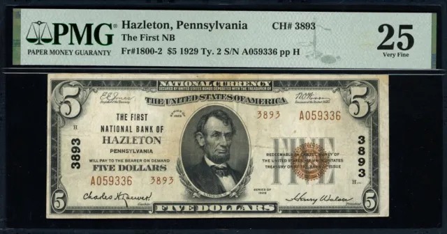 1929 ~ The First National Bank of Hazleton, PA ~ $5 Note ~ PMG ~ VF 25 ~ $178.88